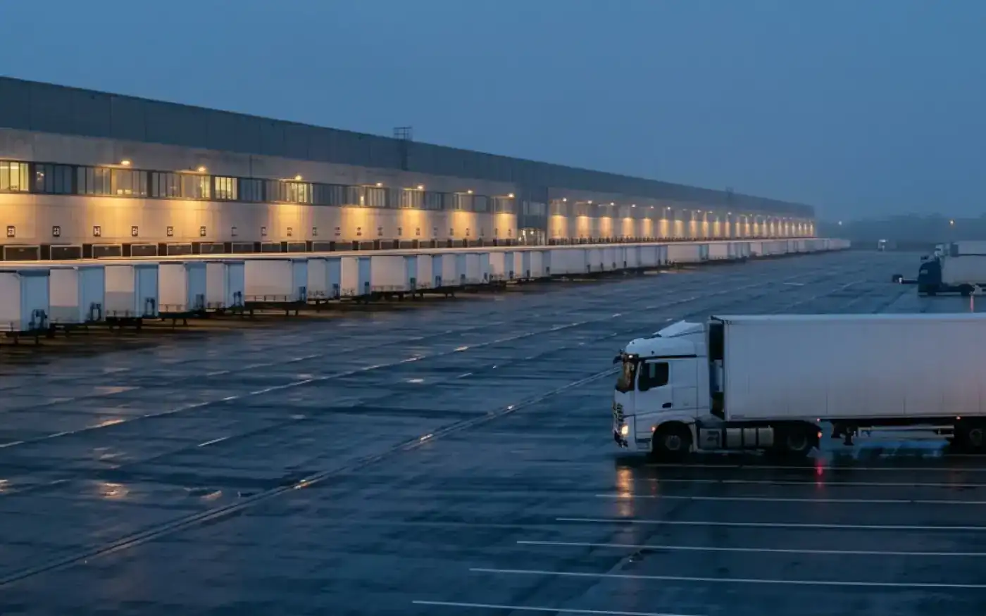 Loading docks at dusk, with a truck crossing the yard